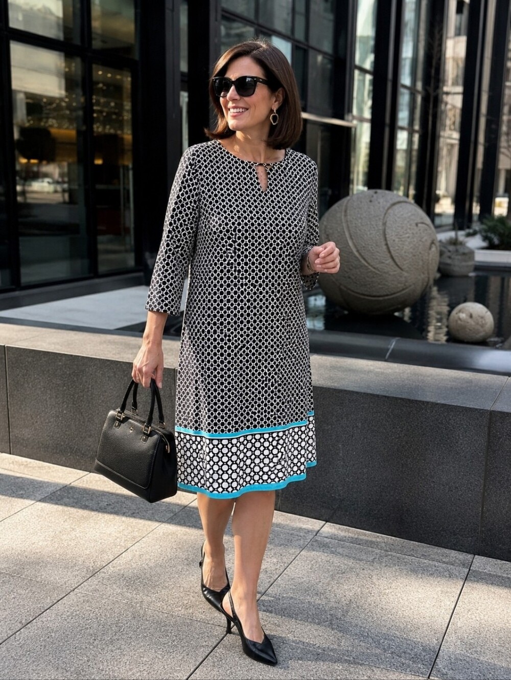 Tacera Black White Geometric Midi Dress with Turquoise Trim